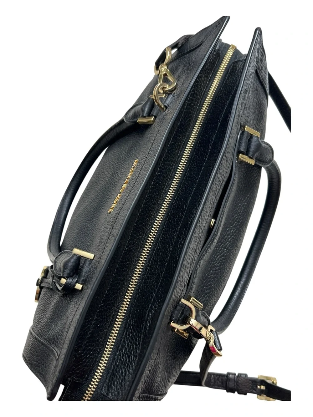 Michael Kors Black Leather Satchel with Gold MK Charm